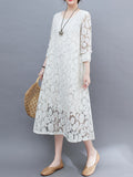 Zjkrl - A-Line Long Sleeves Hollow Round-Neck Midi Dresses