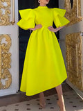 Original Loose Half Sleeves Falbala Solid Color Round-Neck Midi Dresses