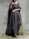 Zjkrl - Gray Solid Color Ramie Cotton Long Dress