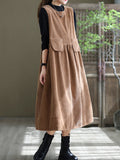 Zjkrl - Vintage Solid Color A-Line Sleeveless Corduroy Midi Dress