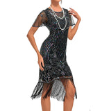 Women's Retro 1920s Fringe Dress Midi Dress Party Holiday Sequins Tassel Fringe Floral Crewneck Short Sleeve Regular Fit Spring Fall 2023 Silver Black S M L XL