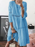 Zjkrl - Loose Solid Color Hollow Round-Neck 3/4 Sleeves Midi Dress