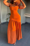 Zjkrl - Orange Casual Daily Plain Fold Spaghetti Strap Sleeveless Dress Dresses