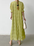Zjkrl - Flared Sleeves Half Sleeves Pleated Solid Color Round-Neck Midi Dresses