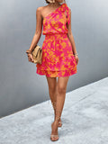 Zjkrl - A-Line Sleeveless Elasticity Flower Print Split-Joint Tied Tiered One-Shoulder Mini Dresses