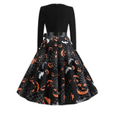 Women‘s Halloween Dress Retro 1950s Vintage Dress Midi Dress Holiday With Belt Bow Pumpkin V Neck 3/4 Length Sleeve Regular Fit Spring Fall 2023 Black S M L XL