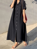 Zjkrl - Vintage Solid Color Short Sleeve Loose Casual Midi Dress