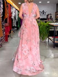 Zjkrl - Elegant Empire Bandage Floral Printed V-Back Maxi Dresses