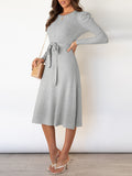 Zjkrl - High Waisted Long Sleeves Solid Color Tied Waist Round-Neck Midi Dresses Sweater Dresses