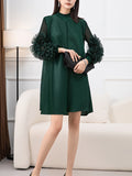 Zjkrl - Long Sleeves Loose Embroidered Pleated Solid Color Round-Neck Midi Dresses