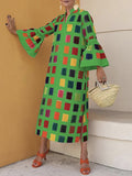 Zjkrl - Original Flared Sleeves Split-Joint Multi-Colored Plaid Midi Dress