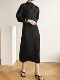 Zjkrl - Original Creation Loose Long Sleeves Pleated Solid Color High-Neck Midi Dresses