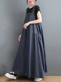 Vintage Loose Artistic Retro Solid Color Strap Denim Midi Dress