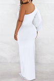 Zjkrl - White Sexy Formal Solid Backless Slit Oblique Collar Long Sleeve Dresses