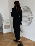 Zjkrl - Simple Long Sleeves Black Split-Joint Elasticity Waist Pleated Midi Dress