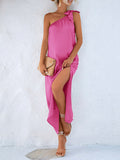 Zjkrl - Loose Sleeveless Solid Color One-Shoulder Maxi Dresses