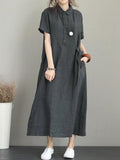 Zjkrl - Original Cotton-Blend Lapel Solid Color Dress