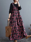 Zjkrl - Artistic Retro Ramie Cotton Loose 3 Colors Floral Printed Square-Neck Sleeveless Strap Dress
