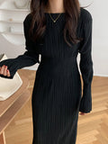 Zjkrl - Simple Long Sleeves Black Split-Joint Elasticity Waist Pleated Midi Dress