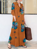 Zjkrl - Vintage Floral Printed Lapel Oversize Maxi Dress