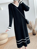 Zjkrl - Urban Long Sleeves Loose Striped V-Neck Hooded Sweater Dresses