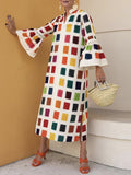 Zjkrl - Original Flared Sleeves Split-Joint Multi-Colored Plaid Midi Dress