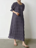 Zjkrl - Flared Sleeves Half Sleeves Pleated Solid Color Round-Neck Midi Dresses