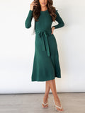 Zjkrl - High Waisted Long Sleeves Solid Color Tied Waist Round-Neck Midi Dresses Sweater Dresses