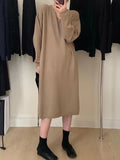 Zjkrl - Long Sleeves Loose Solid Color V-Neck Midi Dresses Sweater Dresses