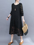 Zjkrl - A-Line Long Sleeves Hollow Round-Neck Midi Dresses