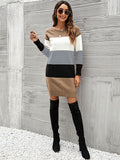 Zjkrl - Casual Long Sleeves Contrast Color Round-Neck Sweater Dresses