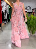 Zjkrl - Elegant Empire Bandage Floral Printed V-Back Maxi Dresses