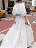 Zjkrl - Long Sleeves Loose Belted Pleated Solid Color Lapel Maxi Dresses