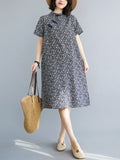 Zjkrl - Artistic Retro Floral Printed Stand Collar Short Sleeves Cheongsam Midi Dress