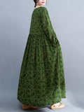 Zjkrl - Artistic Retro Long Sleeves Loose Floral Printed Round-Neck Midi Dresses