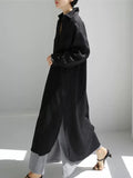 Zjkrl - Simple Long Sleeves Split-Side Solid Color Lapel Midi Dresses Shirt Dress