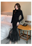 Zjkrl - Elegant Mesh Stitching Mermaid Dress Women Black Slim Sheath Mid Dresses Simple Office Wear Party