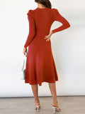 Zjkrl - High Waisted Long Sleeves Solid Color Tied Waist Round-Neck Midi Dresses Sweater Dresses