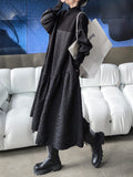 Zjkrl - A-Line Long Sleeves Asymmetric Solid Color Split-Joint High-Neck Midi Dresses Sweater Dresses