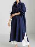 Zjkrl - Simple Long Sleeves Split-Side Solid Color Lapel Midi Dresses Shirt Dress