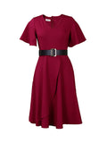 Zjkrl - Irregular Clipping Plus Size Belted Solid Color Round-Neck Midi Dresses