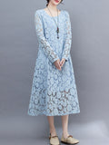 Zjkrl - A-Line Long Sleeves Hollow Round-Neck Midi Dresses