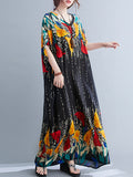 Zjkrl - Ethnic Printed Vintage Super Loose Batwing Sleeve Dress