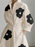 Zjkrl - Long Sleeves Loose Contrast Color Floral Printed Pleated Tied Waist Lapel Shirt Dress