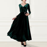 Zjkrl - Elegant Solid Long Sleeved V-neck Velvet Maxi Dresses