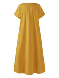 Zjkrl - Simple Solid Color U-Neck Pleated Short Sleeves Maxi Dress