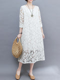 Zjkrl - A-Line Long Sleeves Hollow Round-Neck Midi Dresses