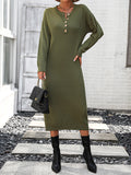 Zjkrl - Long Sleeves Loose Buttoned Split-Joint Round-Neck Midi Dresses Sweater Dresses