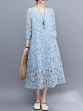 Zjkrl - A-Line Long Sleeves Hollow Round-Neck Midi Dresses