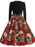 Women‘s Halloween Dress Swing Dress Knee Length Dress White Black Gray Pink Yellow Red Long Sleeve Floral Skull Skeleton Ruched Print Fall Winter V Neck Casual Vintage 2023 S M L XL XXL 3XL